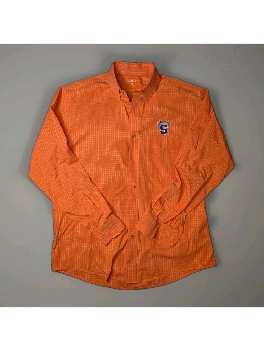 Antigua Long Sleeve Button Down Orange Check Syracuse Medium